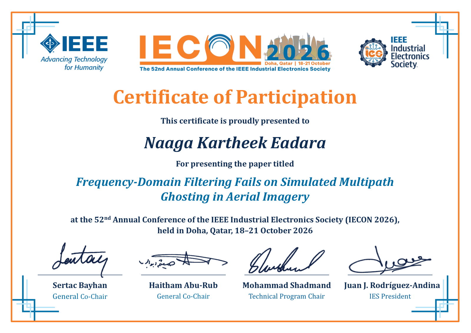 IEEE IECON 2026 acceptance certificate for Frequency-Domain Filtering Fails on Simulated Multipath Ghosting in Aerial Imagery