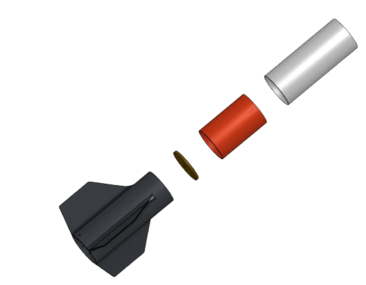 SolidWorks exploded render of the aft section: black 3D-printed fin can, bulkhead, orange coupler, and white booster tube