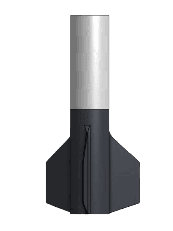 SolidWorks render of the assembled aft section with the swept-fin fin can below the white booster tube