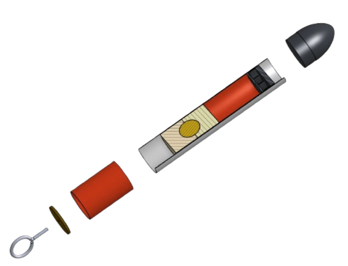 SolidWorks cutaway of the payload section showing the egg in its foam cradle, the orange inner pack, and the altimeter bay