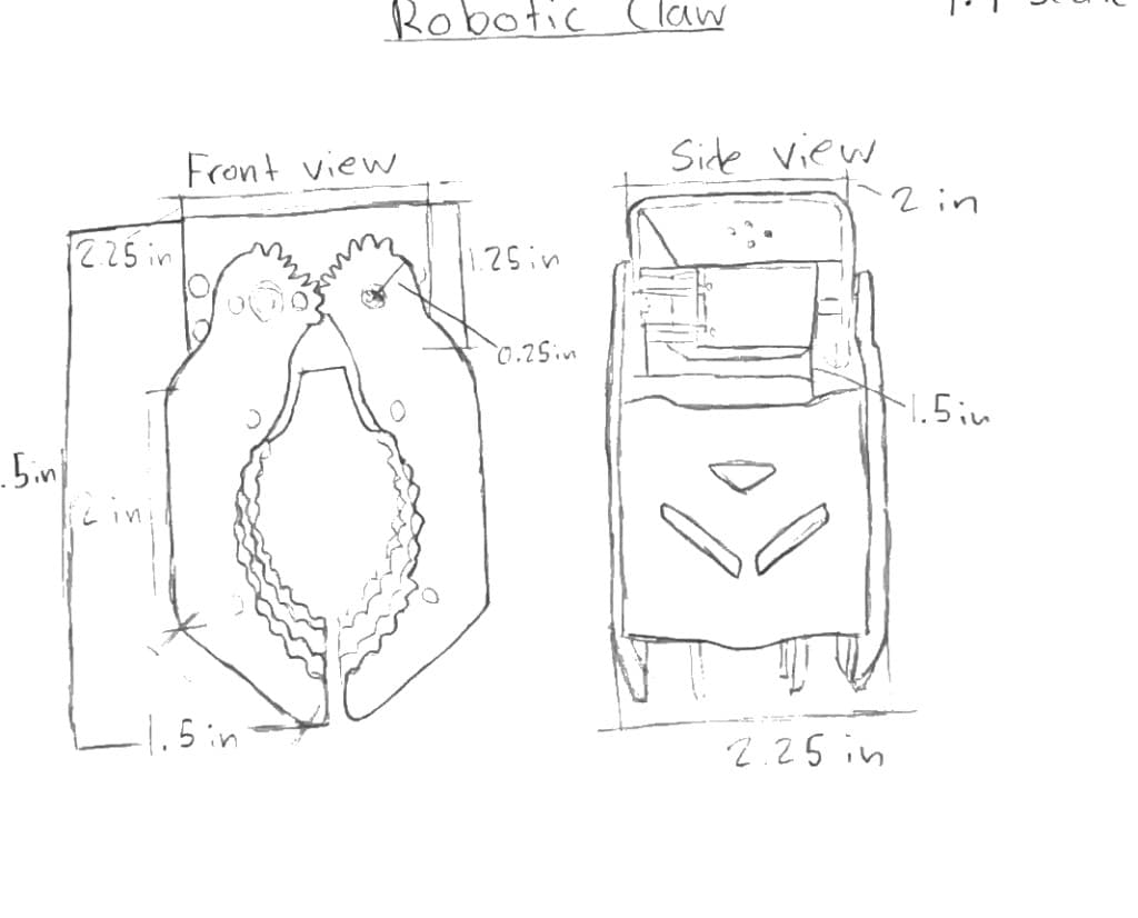 Hand-drawn front and side views of a robotic claw at 1:1 scale
