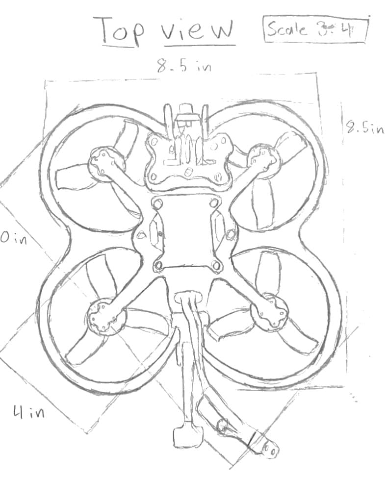 Hand-drawn top view of a ducted FPV drone with dimensions, scale 3:4